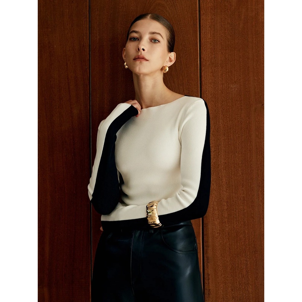 COMMENSE Black White Two Tone Panel Long Sleeve Knit Top Size S NEW